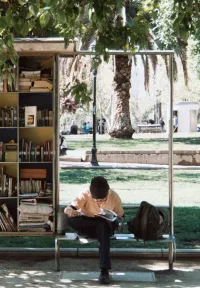 Man sitting on a bench reading
